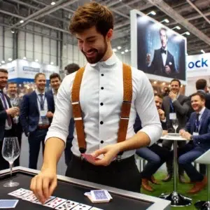 Magicien réalisant un tour de magie de proximité sur un stand de salon professionnel, attirant l'attention des visiteurs et renforçant l'identité de marque grâce à une animation engageante et interactive.